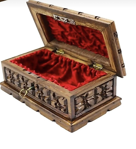 Ahsap Oyma Islemeli Kilitli Sandik Kutu 24 Cm