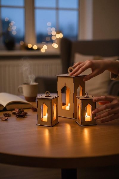 FREFLY Ramazan feneri Nikah Süslemesi / 3 lü Set pilli led Mumlu Dekoratif hediye