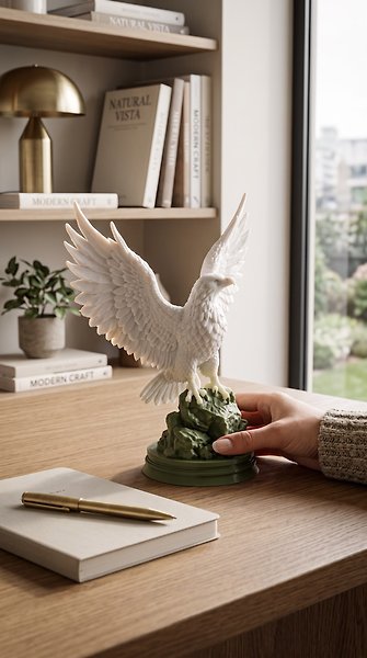 Beyaz Kartal Heykeli PLA 3D Baskı Dekoratif Biblo 180x90x150 mm Ev Ofis Masa Üstü Dekor